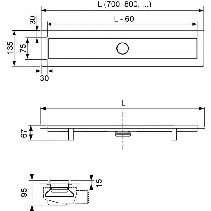 Комплект TECElinus для монтажа дренажного канала с основой для плитки "tile" 700 мм 15101070