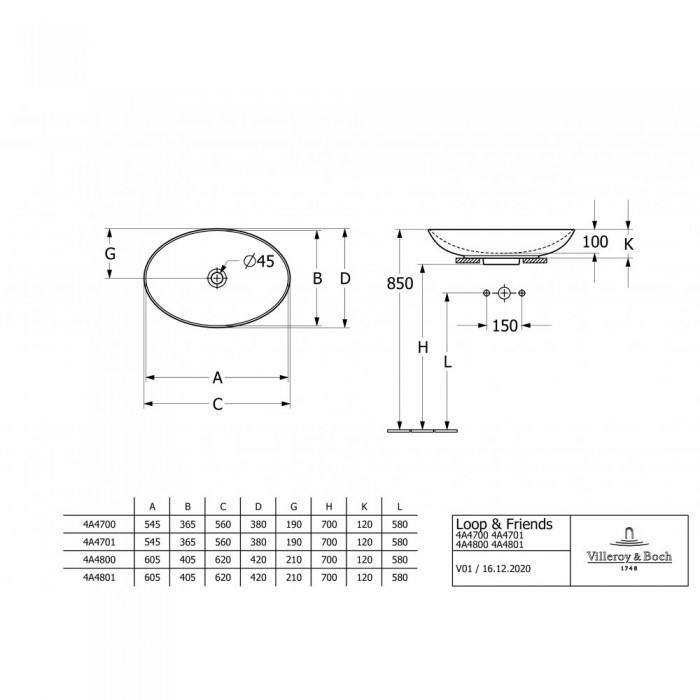 Раковина накладная Villeroy & Boch Loop&Friends 62 x 42 см CeramicPlus 4A4801R1